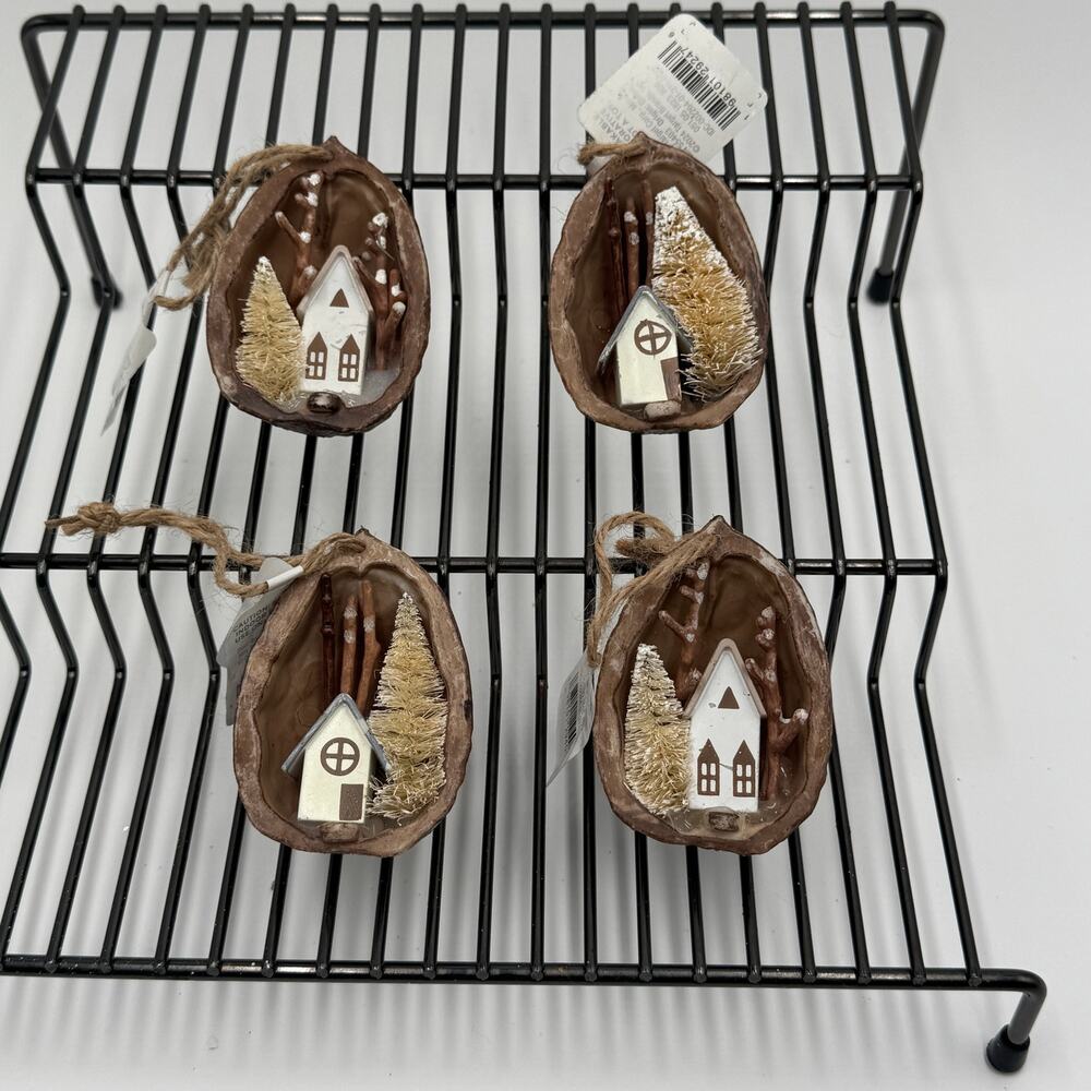 Wondershop Mini Nut Shell Winter Village Ornaments Set of‎ 4 Rustic Decor NEW
